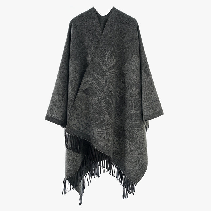 Damen V‑Ausschnitt Cape‑Poncho mit floralem Jacquard und Fransensaum Echo Archiv