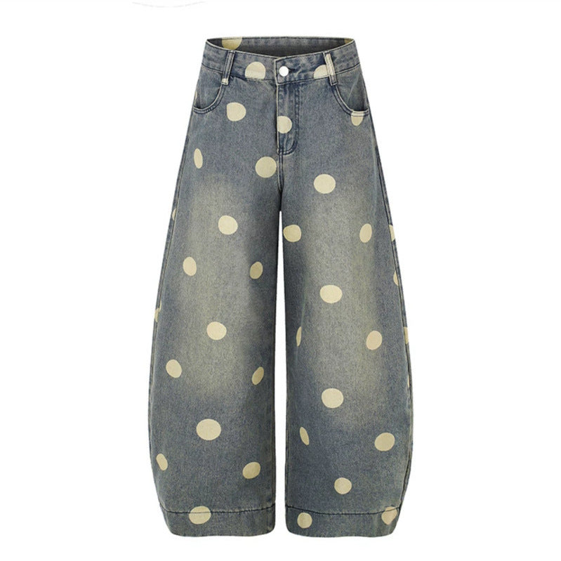 Damen Weite Jeans-Culotte im Palazzo-Stil mit hohem Bund und Punktmuster Echoarchiv