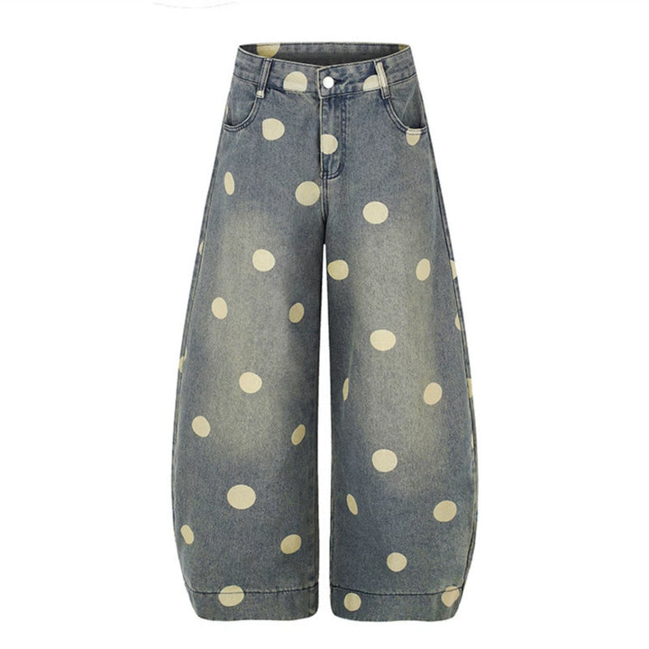 Damen Weite Jeans-Culotte im Palazzo-Stil mit hohem Bund und Punktmuster Echoarchiv