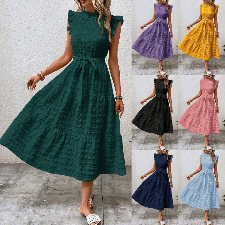 Damen Midikleid mit Stehkragen, Rüschenärmeln und Taillengürtel Echo Archiv