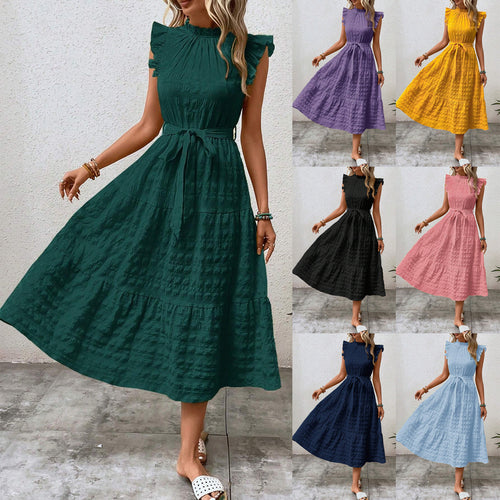 Damen Midikleid mit Stehkragen, Rüschenärmeln und Taillengürtel Echo Archiv