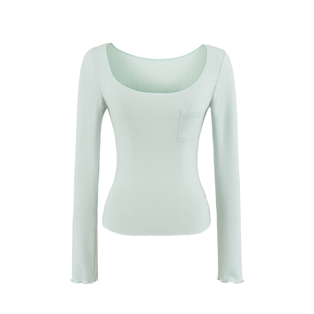 Damen Figurbetontes geripptes Langarmshirt mit weitem Quadrat-Ausschnitt und Brusttasche Echoarchiv