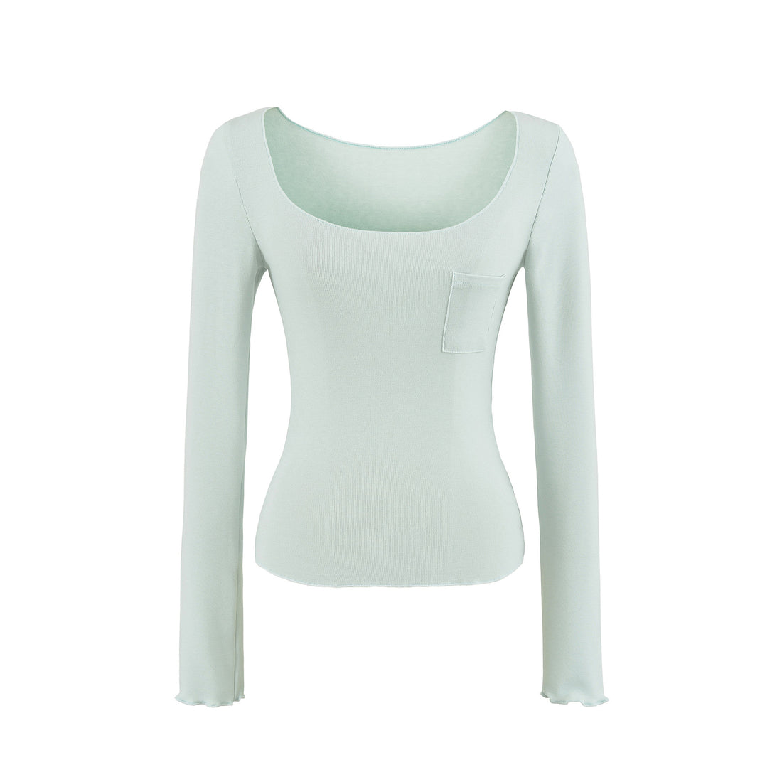 Damen Figurbetontes geripptes Langarmshirt mit weitem Quadrat-Ausschnitt und Brusttasche Echoarchiv