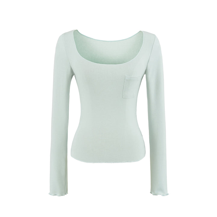 Damen Figurbetontes geripptes Langarmshirt mit weitem Quadrat-Ausschnitt und Brusttasche Echoarchiv