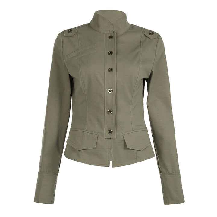 Damen nan taillierte Utility‑Militärjacke mit Stehkragen, Schulterpatten und aufgesetzten Pattentaschen Echo Archiv