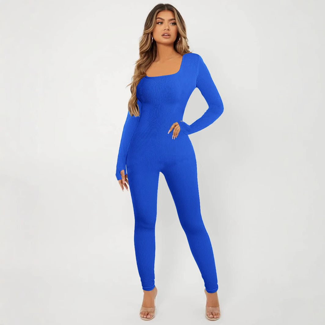 Damen Rippstrick Skinny Jumpsuit mit Quadratischem Ausschnitt, Langen Ärmeln und Daumenloch – Solévia