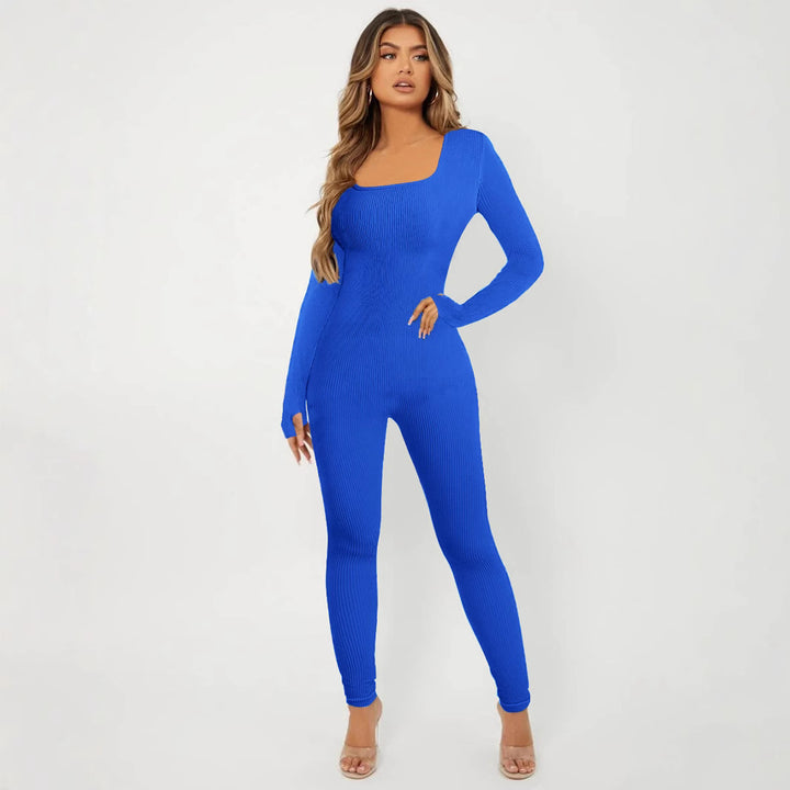 Damen Rippstrick Skinny Jumpsuit mit Quadratischem Ausschnitt, Langen Ärmeln und Daumenloch – Solévia