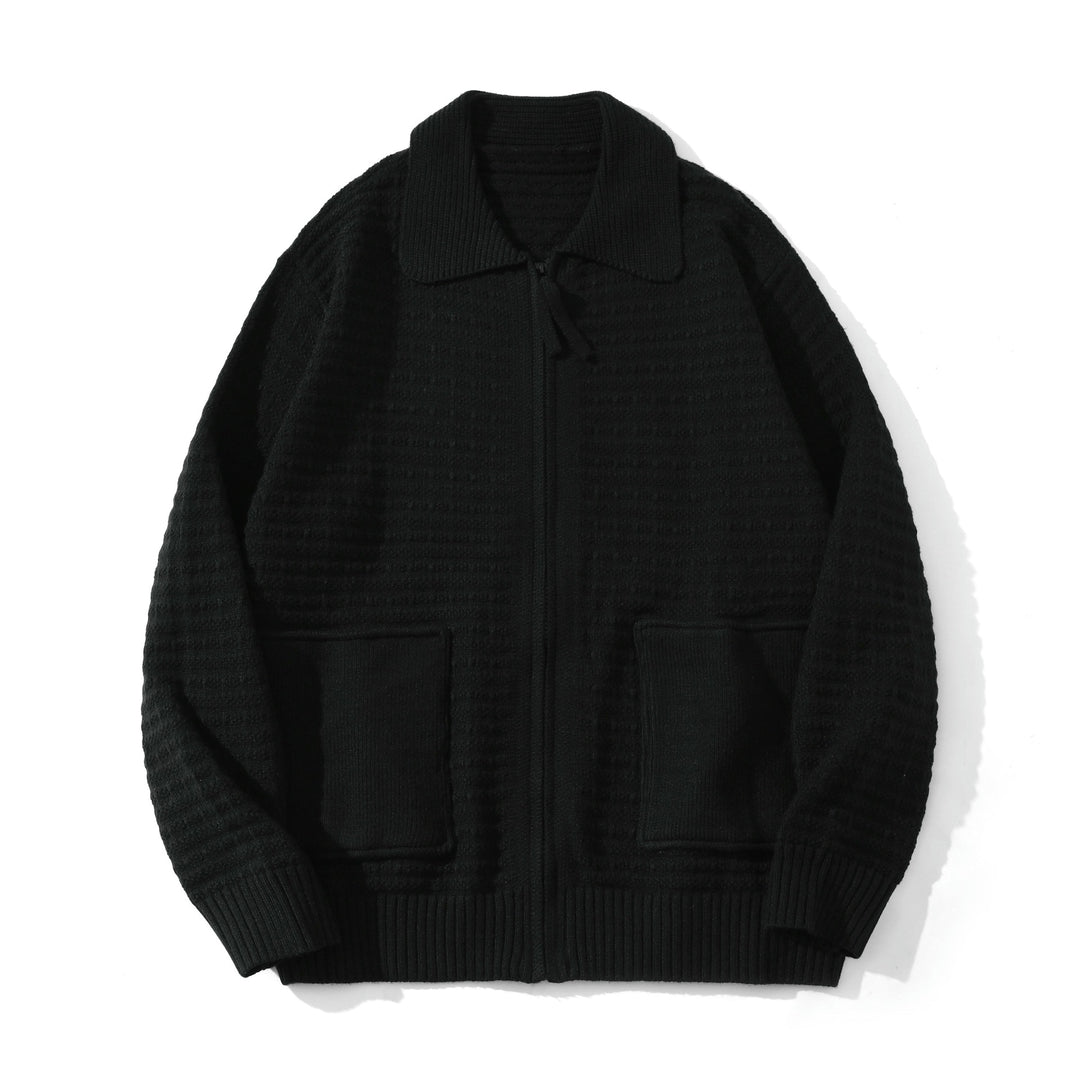 Unisex Strukturiertes Zip-Strickcardigan mit großem Reverskragen Echoarchiv