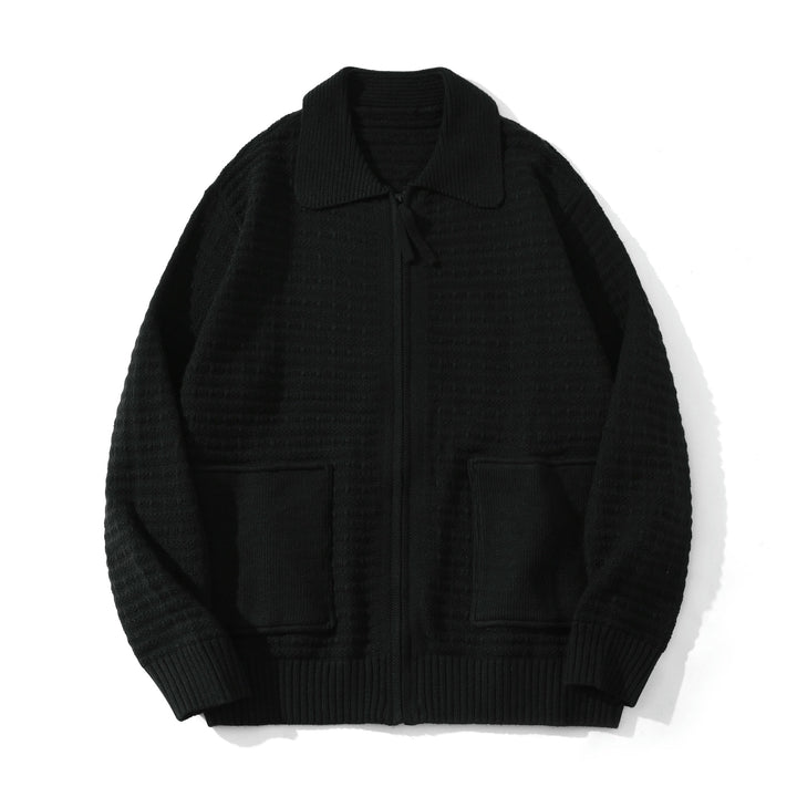Unisex Strukturiertes Zip-Strickcardigan mit großem Reverskragen Echoarchiv