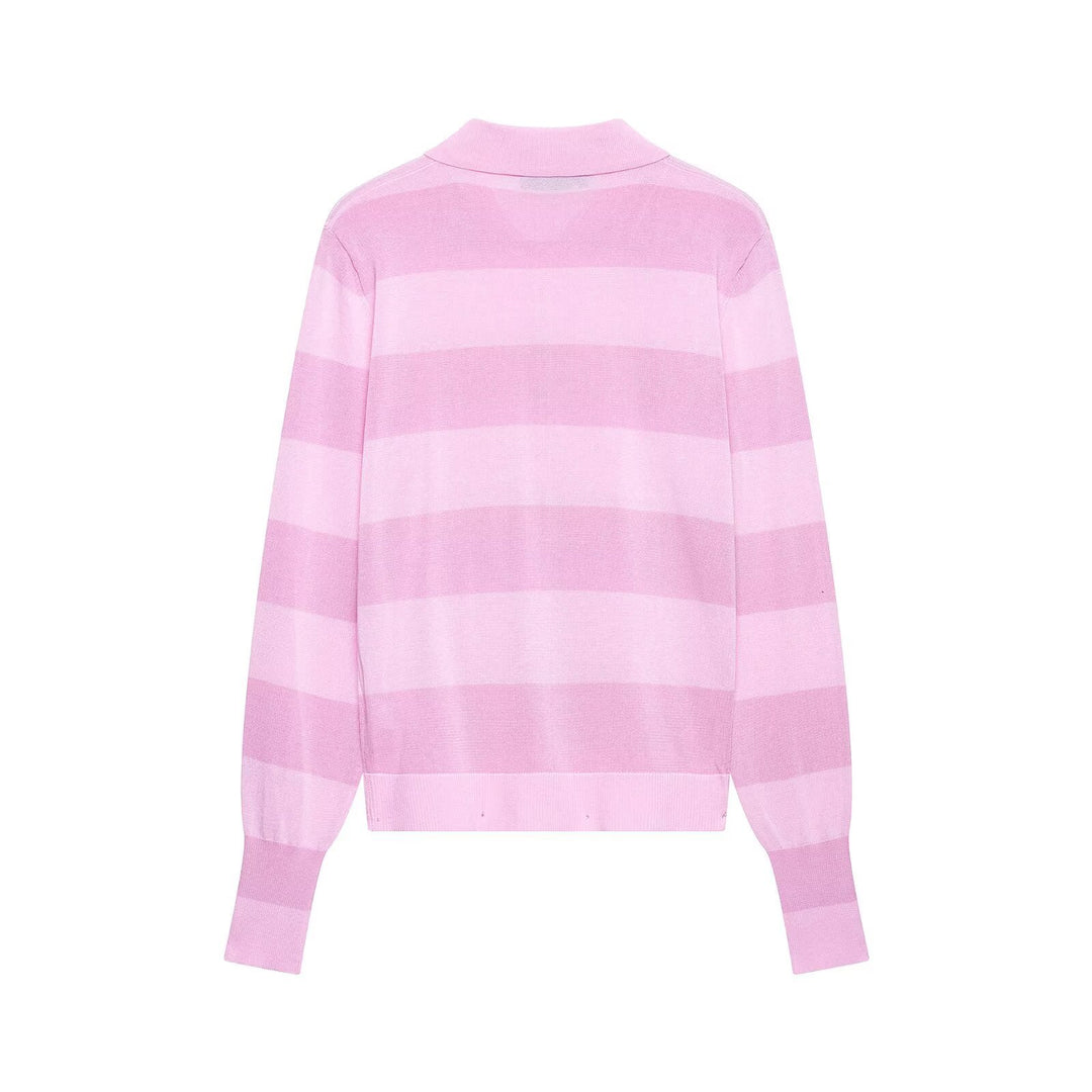 Damen Gestreifte Feinstrick-Cardigan mit Polokragen und bezogenen Knöpfen Echo Archiv