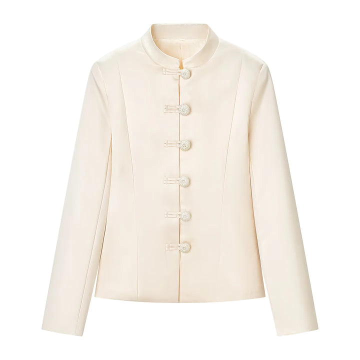 Damen taillierte Stehkragenjacke mit dekorativen Zierknotenknöpfen – Célinea