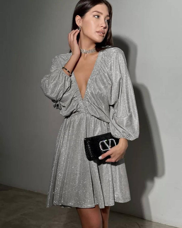 Damen Glitzerndes Abendkleid mit tiefem V Ausschnitt, Ballonärmeln und taillenbetonter Glockenrock Echoarchiv