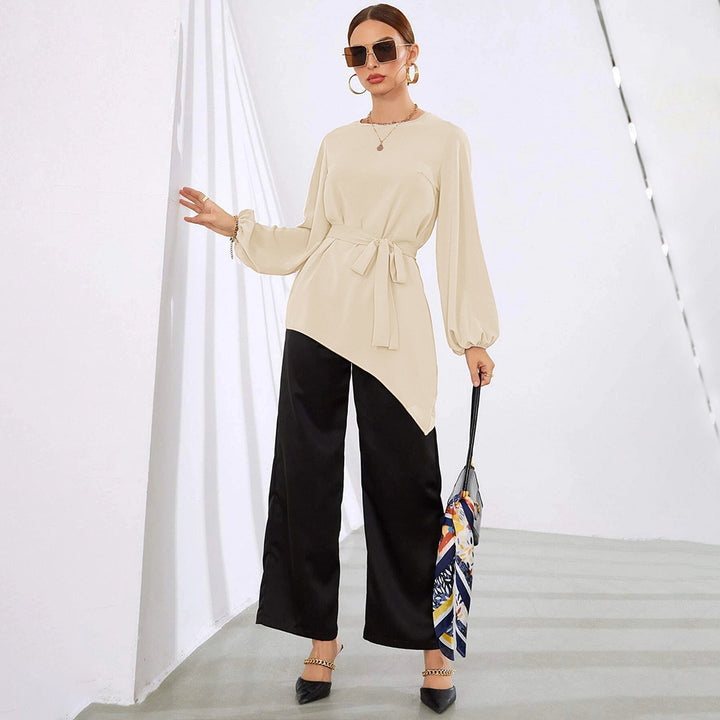 Damen asymmetrische Tunika-Bluse mit Ballonärmeln und Taillengürtel – Élovi