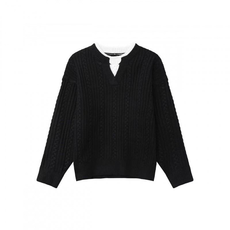 Damen Grobgestrickter Zopfmuster-Pullover mit V‑Ausschnitt und Lagen‑Optik Echoarchiv