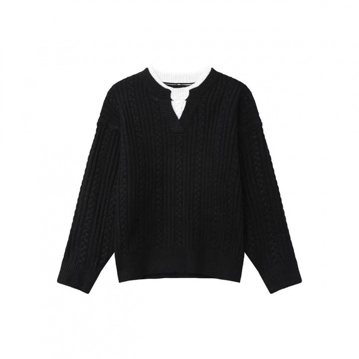 Damen Grobgestrickter Zopfmuster-Pullover mit V‑Ausschnitt und Lagen‑Optik Echoarchiv