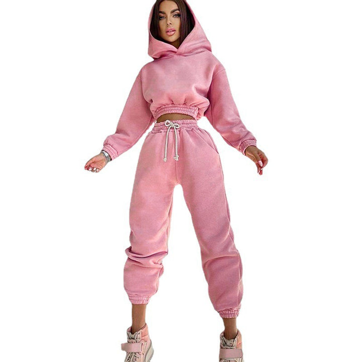 Damen nan Cropped-Hoodie-Loungewear-Set mit elastischem Rippbund, hoher Taillen-Jogginghose und dekorativem Kordelzug Echo Archiv