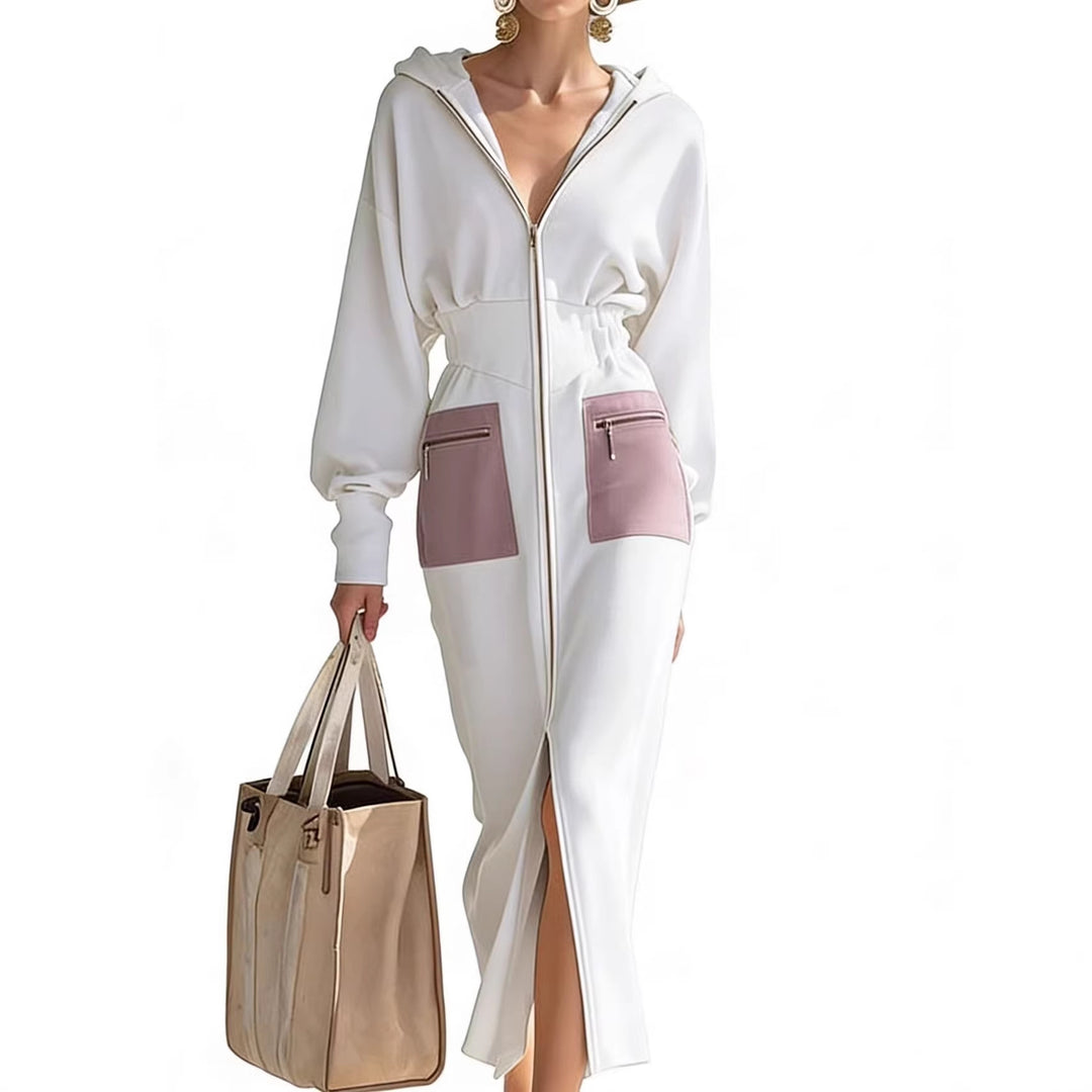 Damen Kapuzen-Midikleid im Sport-Chic mit Taillen‑Corsage und Fronttaschen – Élara