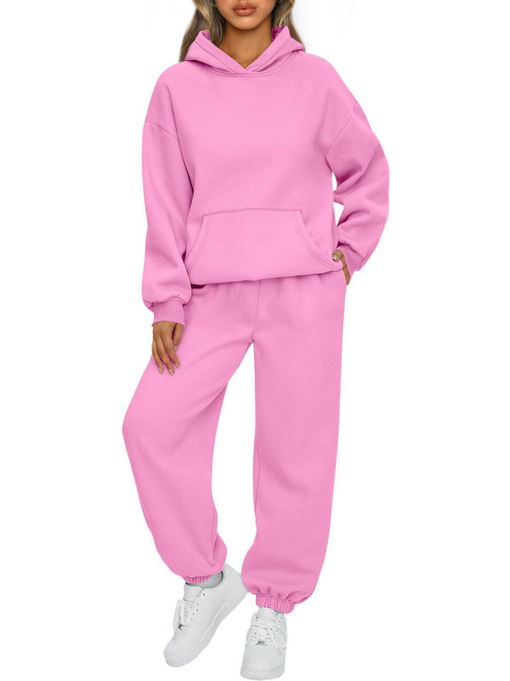 Damen nan gemütliches French-Terry Loungewear-Set mit doppellagiger Kapuze, Kängurutasche und elastischem Knöchel-Jogger Echo Archiv