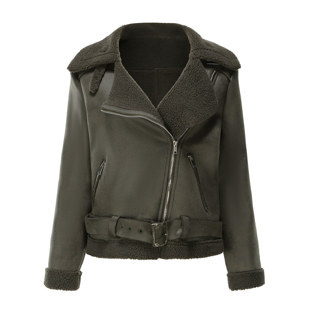 Damen nan taillierte Lammfellimitat-Fliegerjacke mit Gürtel und Teddyfutter Echo Archiv