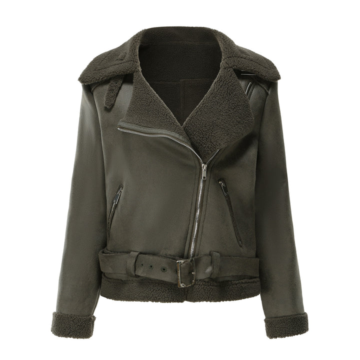 Damen nan taillierte Lammfellimitat-Fliegerjacke mit Gürtel und Teddyfutter Echo Archiv