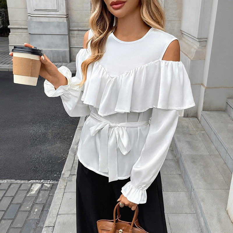 Damen Elegant-Volant-Bluse mit Cut-Out-Schulter und Bindegürtel Echoarchiv