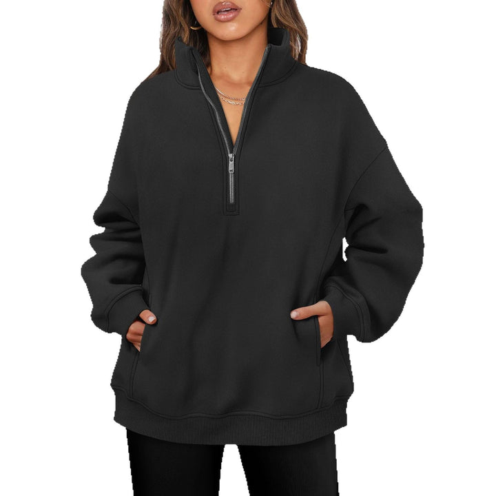 Damen nan oversized Halbzip-Pullover mit Stehkragen, Kängurutasche und Rippbündchen Echo Archiv