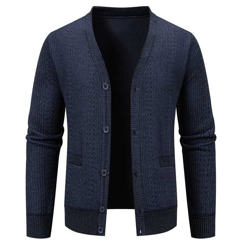 Herren Texturierter V-Ausschnitt Strickcardigan mit Knopfleiste und Eingrifftaschen Echo Archiv