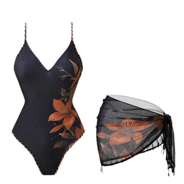 Damen Mode-Badeanzug mit floralem Design und transparentem Wickelrock Echo Archiv