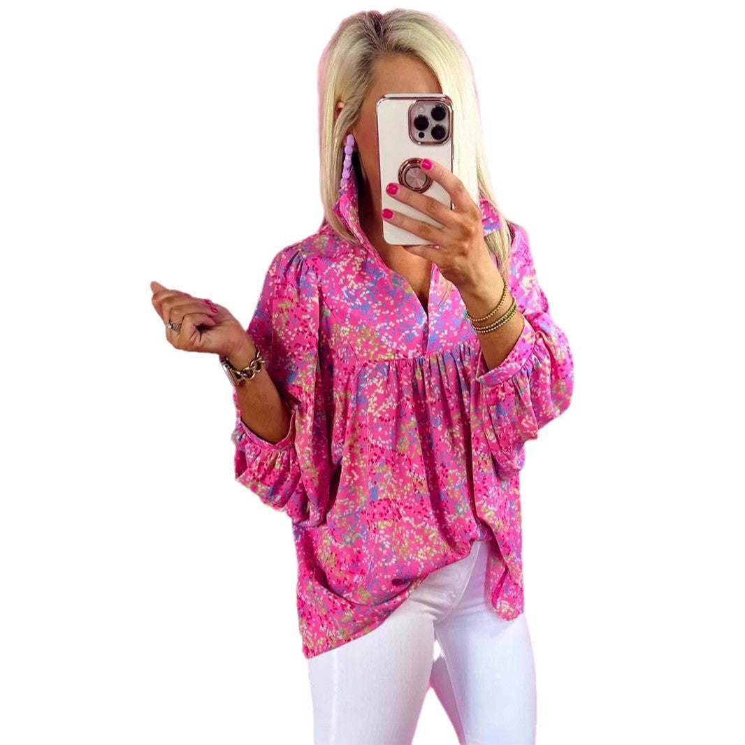 Damen Locker geschnittene Blumenbluse mit V-Ausschnitt und geraffter Passe – Avérine