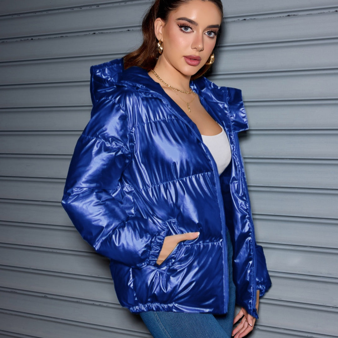 Damen Glänzende Oversize-Steppjacke mit Kapuze & elastischen Bündchen Echoarchiv