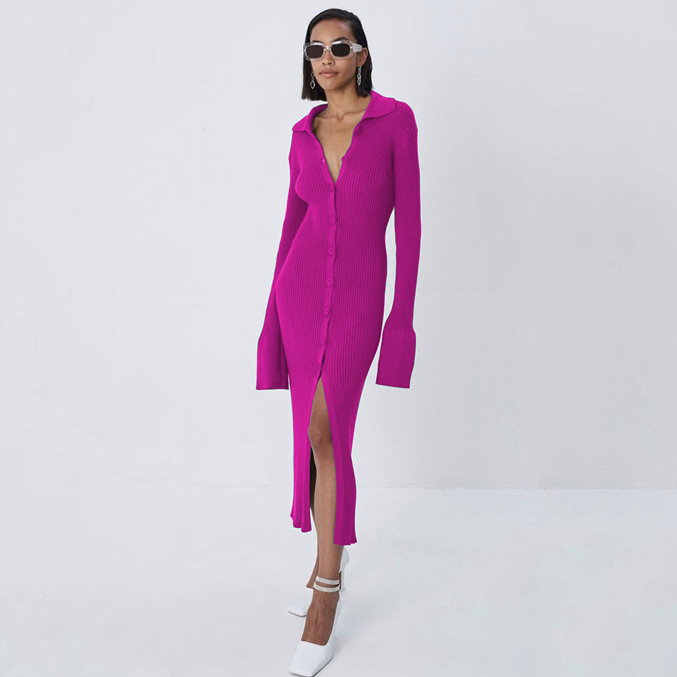Damen Figurbetontes Rippenstrick-Knopfkleid mit Polokragen Drune