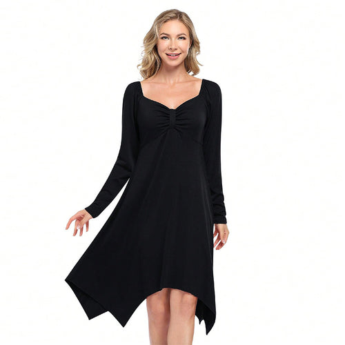 Damen asymmetrisches Longsleeve-Kleid mit gerafftem Bustier, Empire‑Naht und Zipfelsaum – Valéora