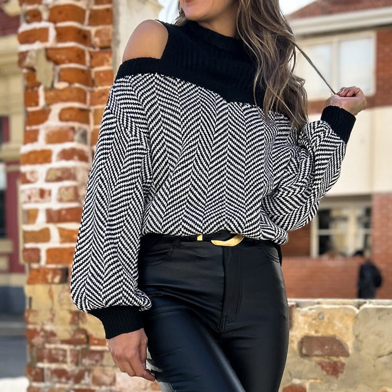 Damen Schulterfreier Strickpullover mit Fischgrätmuster und weitem Ballonärmel – Mavelle