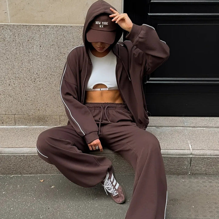 Damen lässiges Lounge-Set aus French-Terry mit Kurzzip-Hoodie und High-Waist Wide-Leg Jogginghose mit Kontrastpaspel – Avérine