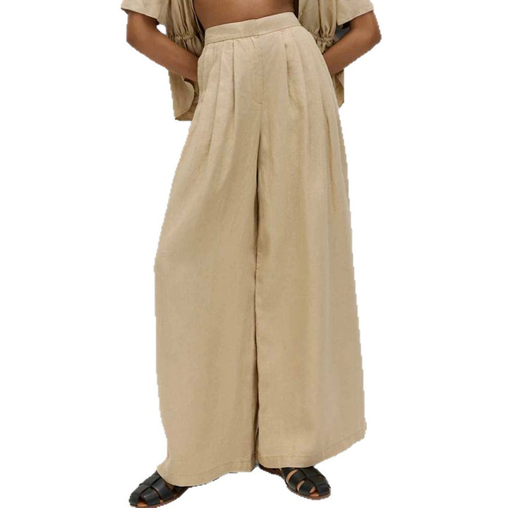 Damen Weite High‑Waist Leinenoptik Palazzo‑Hose mit Bundfalten und Eingrifftaschen – Avérine