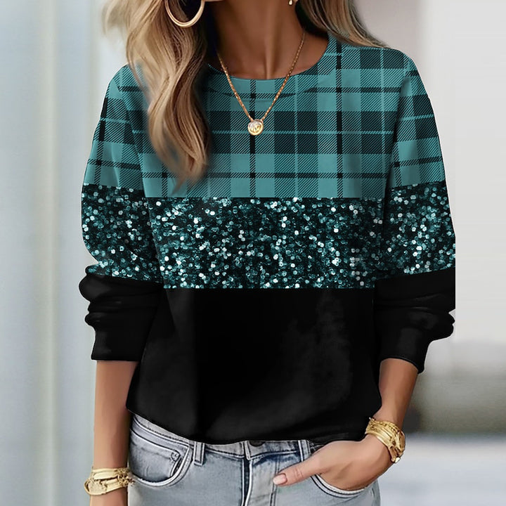 Damen Sweatshirt mit Karomuster, Pailletten-Band und lockerem Saum – Avérine