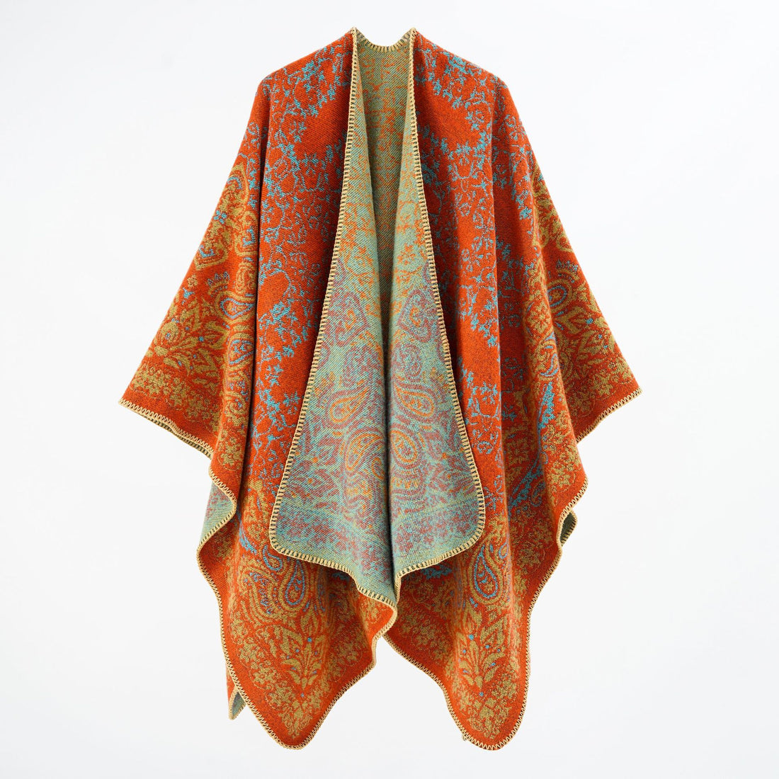 Damen Überwurfponcho im Double-Face‑Jacquard mit Paisley‑Inspiration und Zierstichkante – Célinea