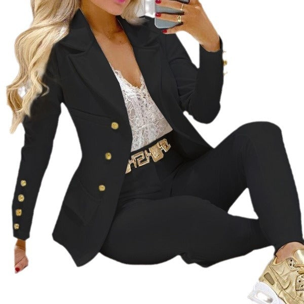 Damen nan tailliertes Doppelreiher-Blazer-Set mit goldknopf-Detail und hochtaillierter Slimhose Echo Archiv