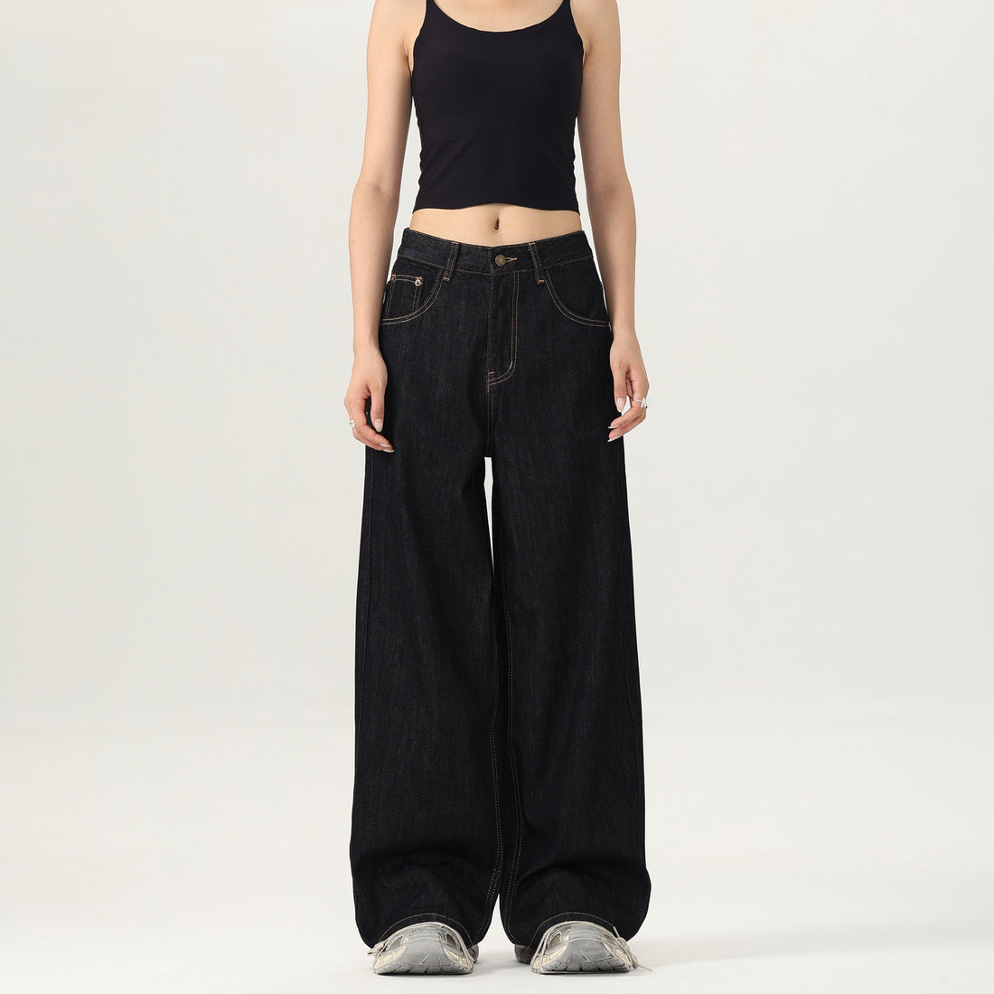 Damen Weite tiefsitzende Baggy-Denimhose im Marlene-Stil mit Kontrastnähten Echo Archiv