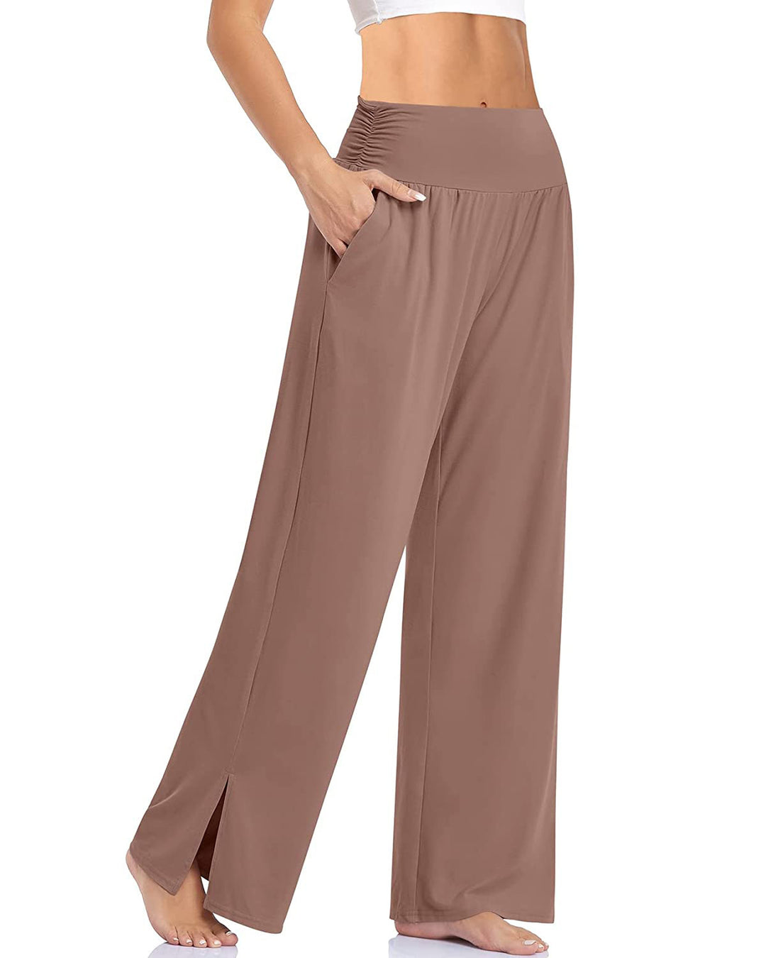 Damen nan weite Yogahose mit hohem Komfortbund, seitlichen Eingrifftaschen und seitlichem Bein-Schlitz Echo Archiv
