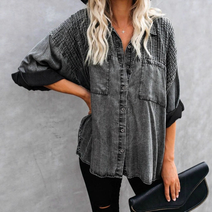 Damen Oversize-Denimbluse mit gesteppter Passe, Knopfleiste und aufgesetzten Brusttaschen Echo Archiv