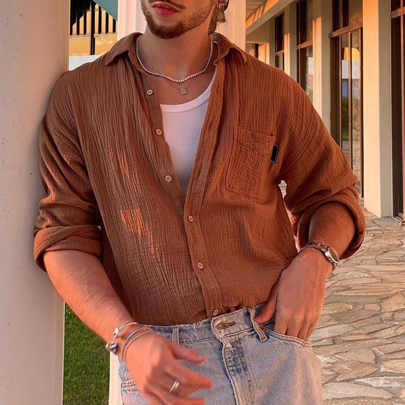 Herren Texturiertes Baumwoll-Gauze-Hemd mit Brusttasche und Relaxed Fit Echoarchiv