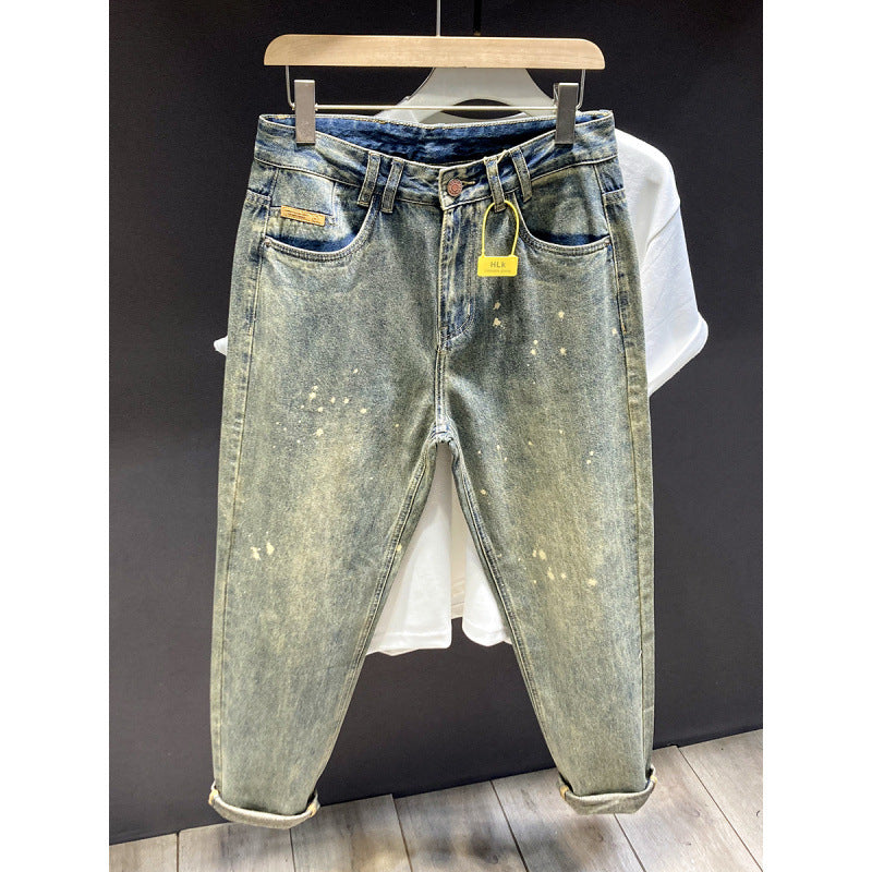 Herren Relaxed-Tapered Vintage-Jeans mit Paint‑Splatter, hohem Bund und umgeschlagenem Saum Echoarchiv