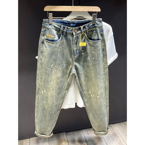 Herren Relaxed-Tapered Vintage-Jeans mit Paint‑Splatter, hohem Bund und umgeschlagenem Saum Echoarchiv