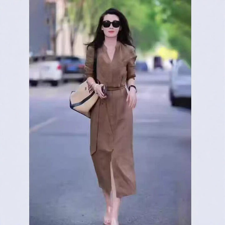 Damen Langes Hemdkleid mit Wickeloptik, Kordel-Taillengürtel und Beinschlitz – Valéora