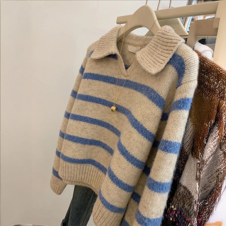 Damen nan kuscheliger Oversize-Strickpullover mit Polokragen und breiten Streifen Echo Archiv