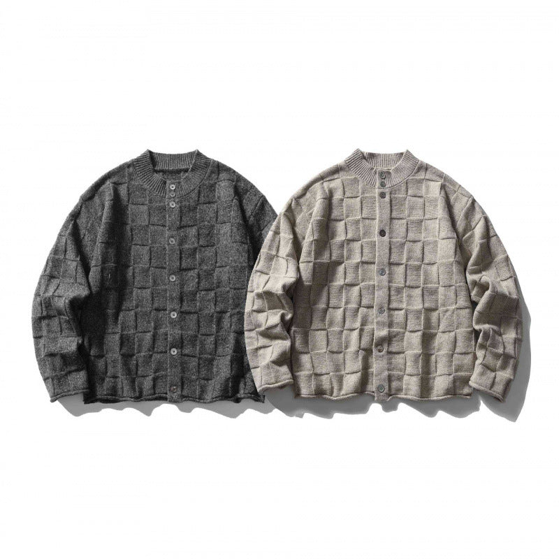 Unisex Strukturierte Boxy-Strickjacke mit Karomuster Echo Archiv