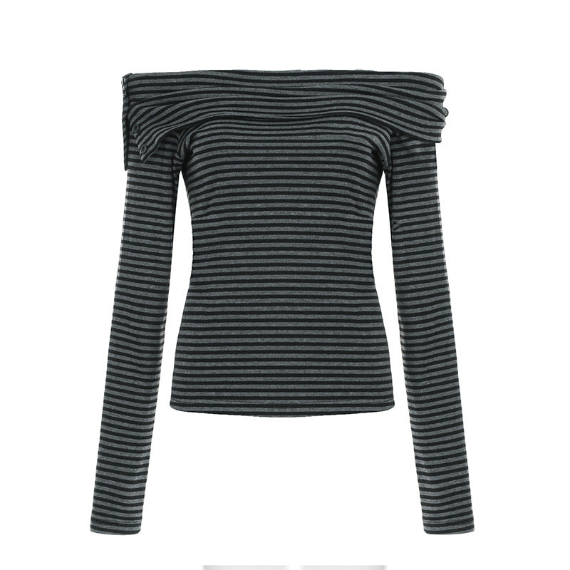 Damen nan schulterfreies Langarmshirt mit Carmen-Ausschnitt, taillierter Passform und feinem Streifenmuster Echo Archiv