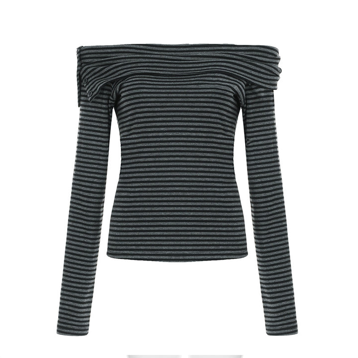 Damen nan schulterfreies Langarmshirt mit Carmen-Ausschnitt, taillierter Passform und feinem Streifenmuster Echo Archiv