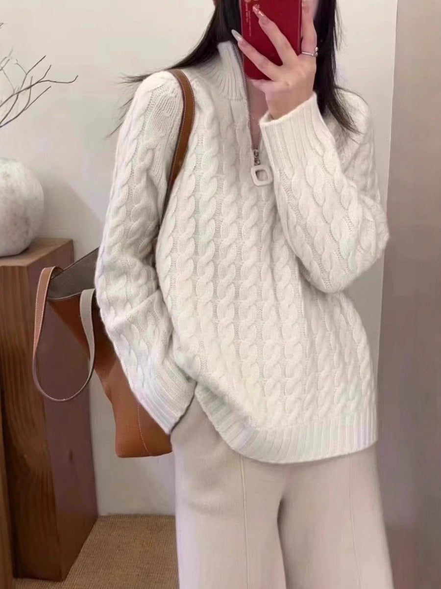 Damen Oversize Zopfmuster-Feinstrickpullover mit halbem Zipper und Stehkragen Echoarchiv